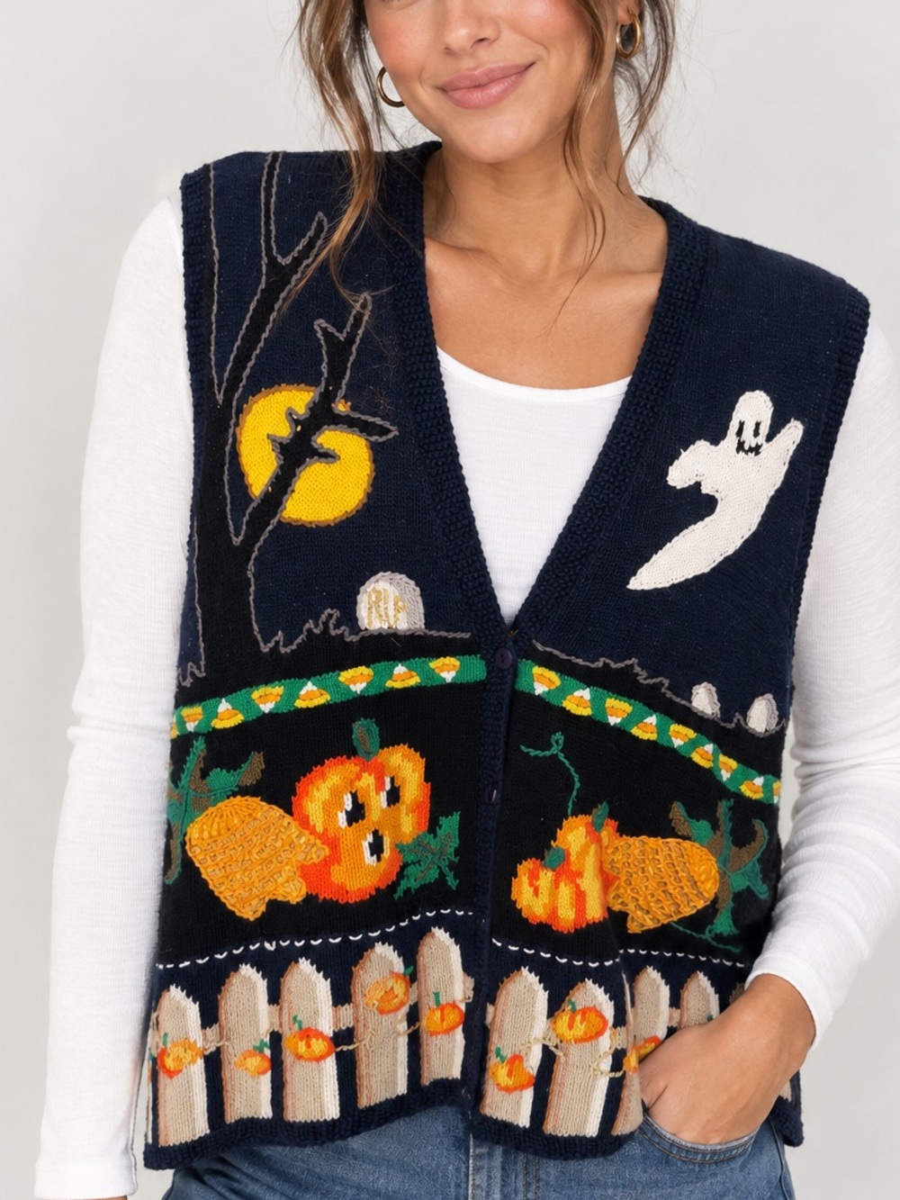 Talbots Navy Knit Halloween Pumpkin & Ghost V-Neck Vest